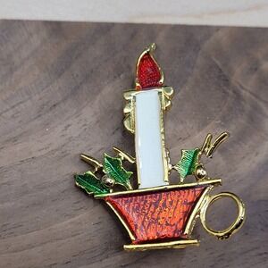 Vintage Signed BJ Beatrix Enamel Christmas Candle Brooch Pin